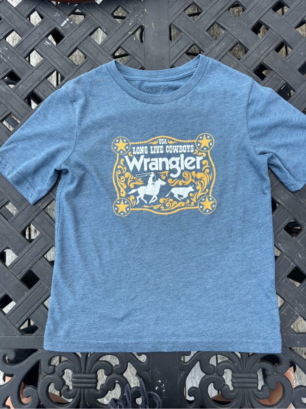 Wrangler Blue Short Sleeve Tee with Yellow & White Western Graphic
